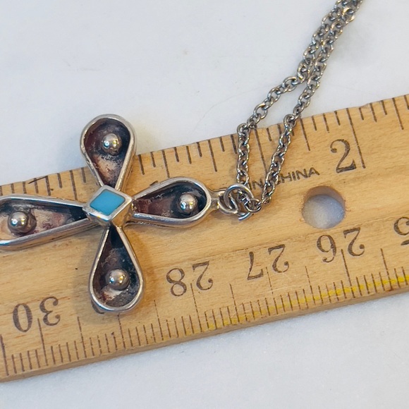 Vintage Sterling Silver Turquoise Cross Pendant & Chain - 18” - Picture 5 of 5